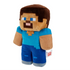 Minecraft Steve plush character in blue and brown colors, soft plush material, square pixel-inspired body, right angled view showing side details and proportions on a white studio background.