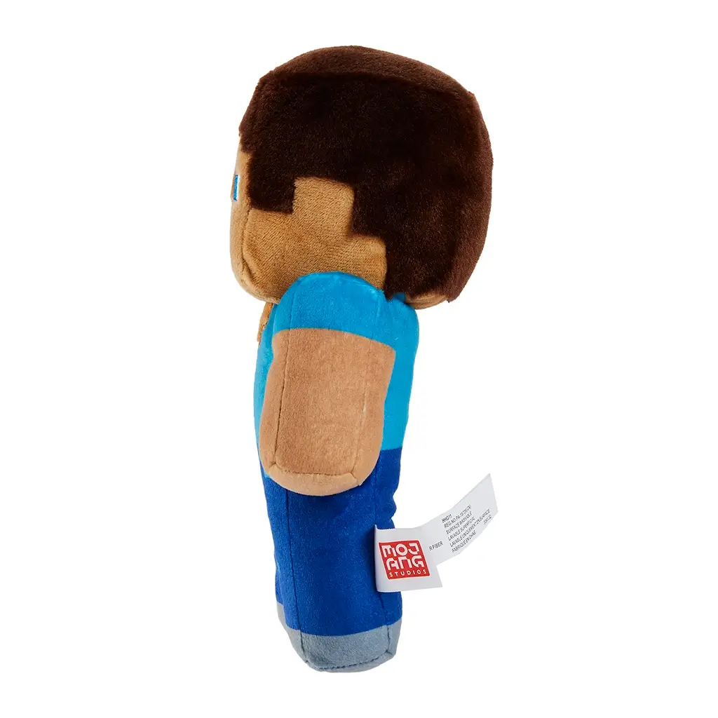 Minecraft Steve plush toy in blue, tan, and brown fabric, velour texture, rectangular side profile with blocky limbs, side view highlighting thickness and shape against a white background.