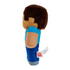 Minecraft Steve plush toy in blue, tan, and brown fabric, velour texture, rectangular side profile with blocky limbs, side view highlighting thickness and shape against a white background.