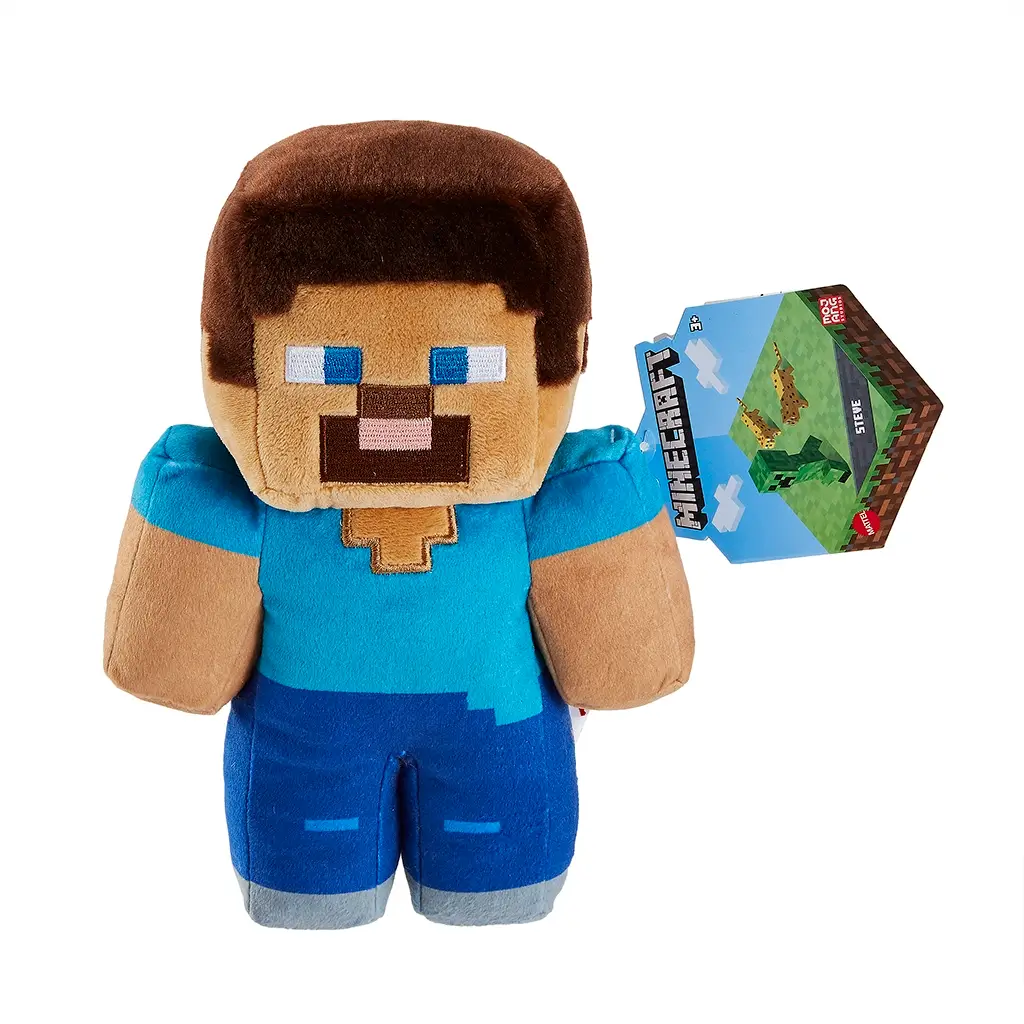 Minecraft Steve plush doll in blue and brown colors, soft polyester fabric, blocky character form, shown holding a branded hang tag for retail identification on a clean white background.