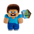 Minecraft Steve plush doll in blue and brown colors, soft polyester fabric, blocky character form, shown holding a branded hang tag for retail identification on a clean white background.