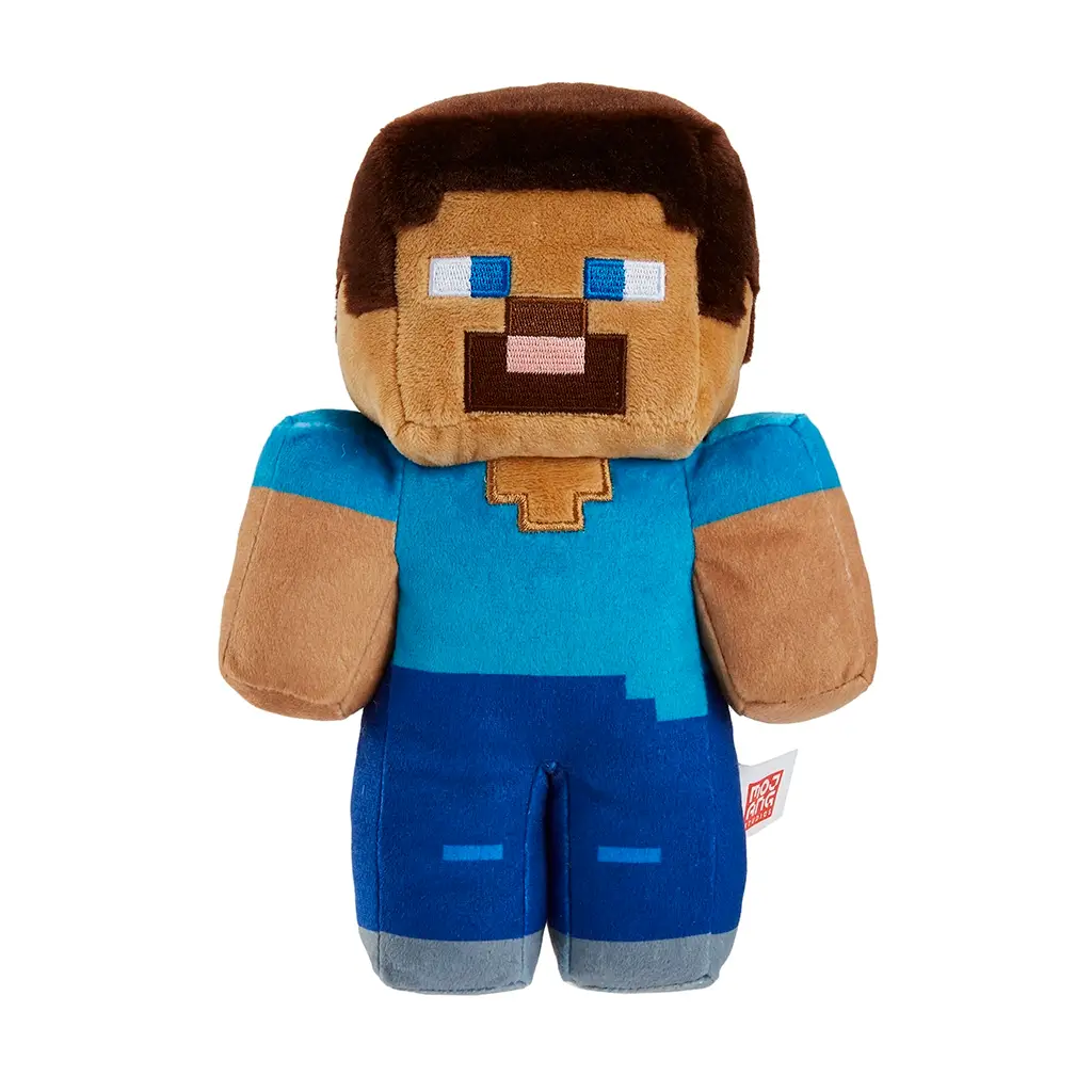 Minecraft Steve plush toy featuring blue and brown colors, soft polyester fabric, blocky humanoid shape, designed as an 8-inch character doll for play or display, photographed isolated on a clean white background.