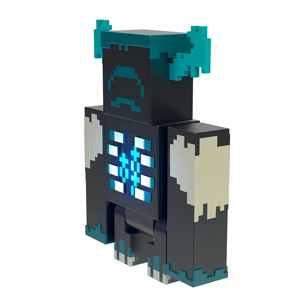 Angled rear view of Minecraft Warden action figure, showing dark blocky design, teal horn details, glowing blue chest lights, and pixelated gray arm accents.
