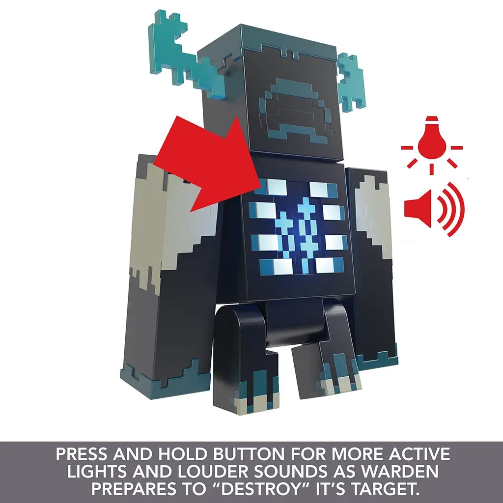 Interactive Minecraft Warden action figure with blocky teal horns and glowing chest; red arrow highlights sound and light button feature for immersive play.