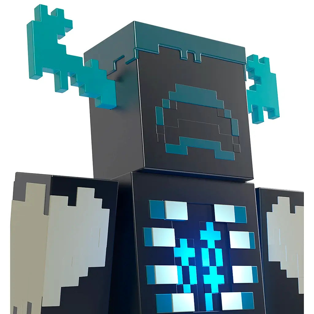Close-up view of Minecraft Warden action figure head and torso, showing teal horns, blocky dark blue face, and illuminated pixelated chest panel with glowing blue light.