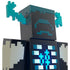 Close-up view of Minecraft Warden action figure head and torso, showing teal horns, blocky dark blue face, and illuminated pixelated chest panel with glowing blue light.