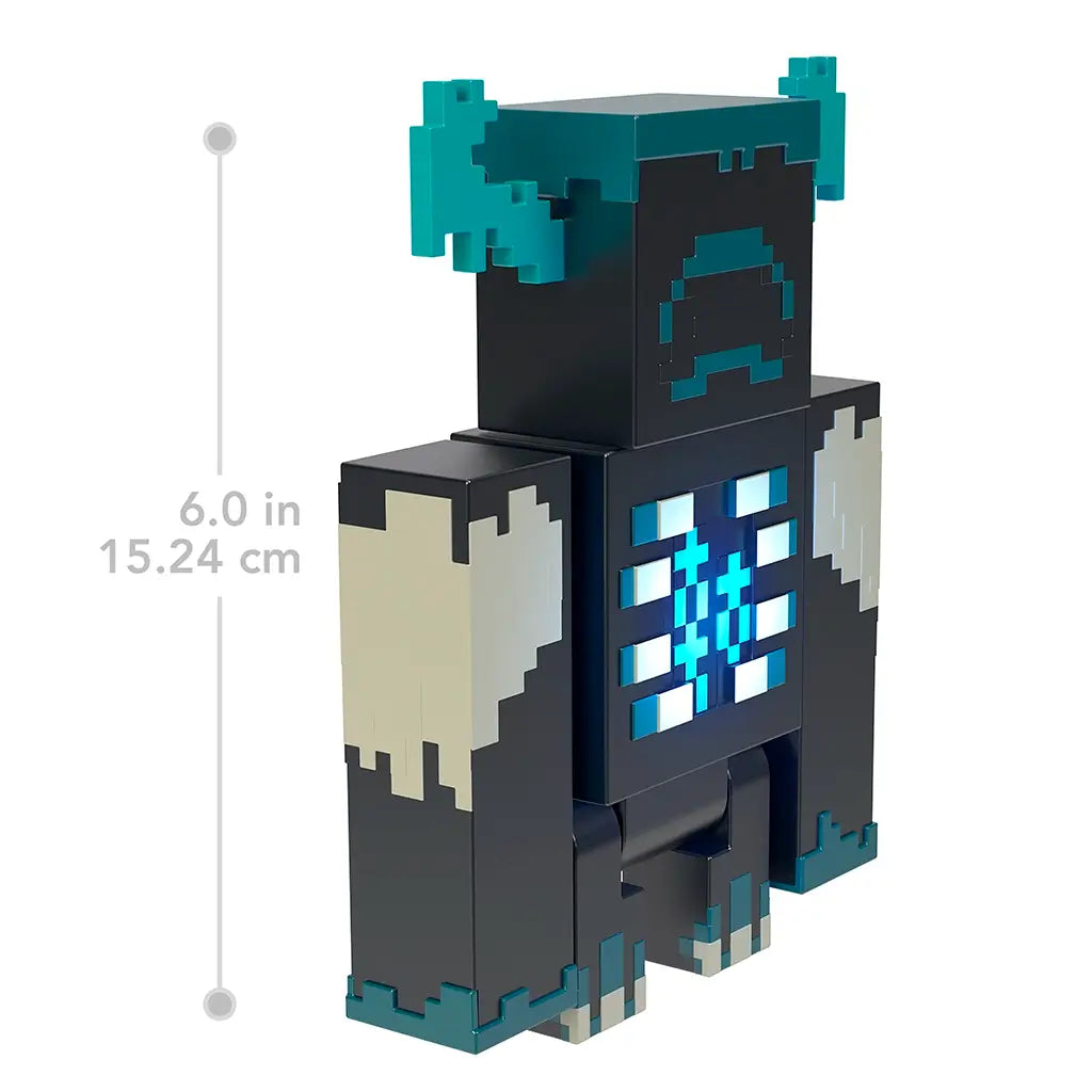 Blocky Minecraft Warden action figure toy, 6 inches tall with dark blue and teal design, glowing chest lights, and square arms, shown with size reference measurement.