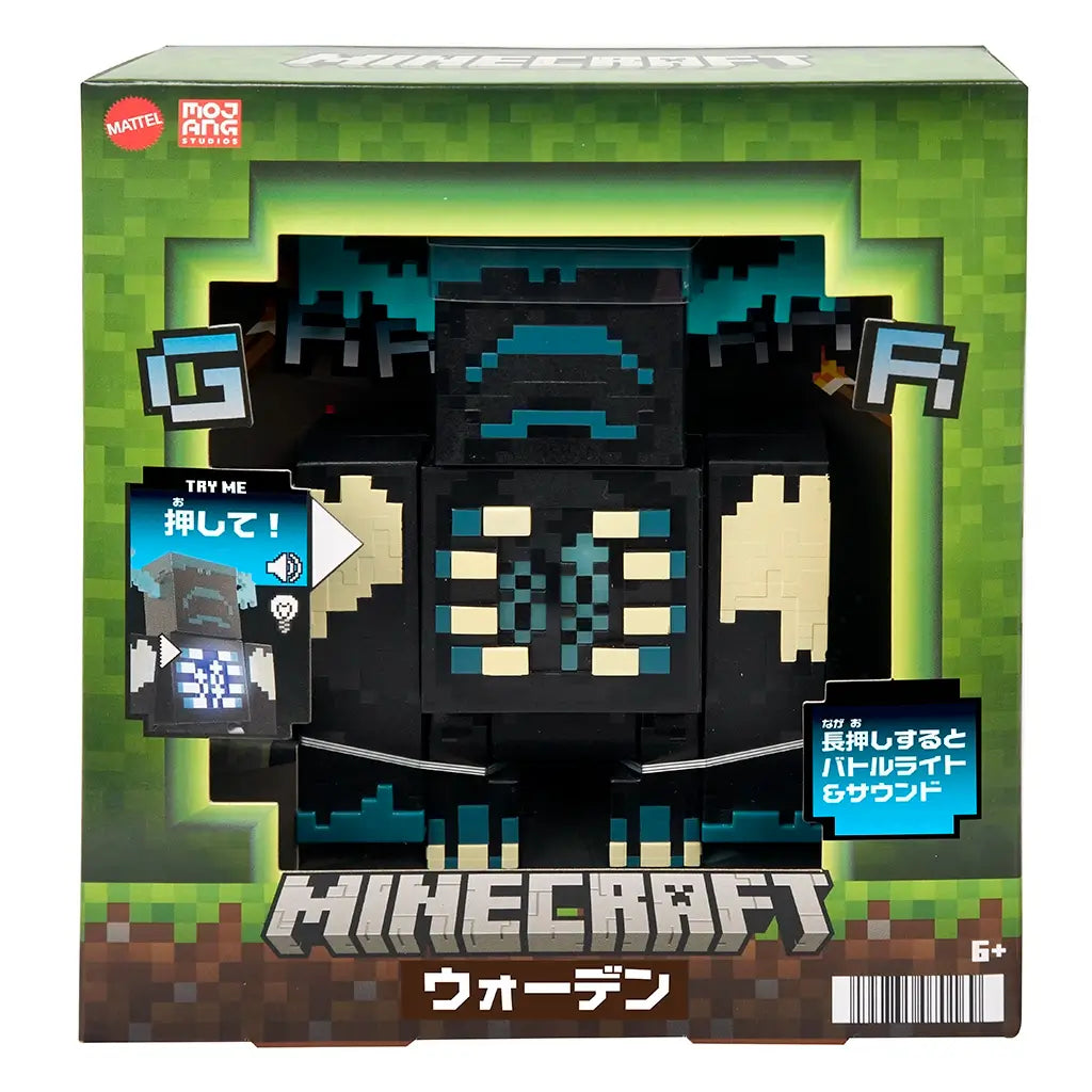 Minecraft Warden action figure in original Mattel packaging, featuring blocky dark blue body, glowing chest lights, and interactive sound functions against a pixelated green box design.
