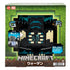 Minecraft Warden action figure in original Mattel packaging, featuring blocky dark blue body, glowing chest lights, and interactive sound functions against a pixelated green box design.