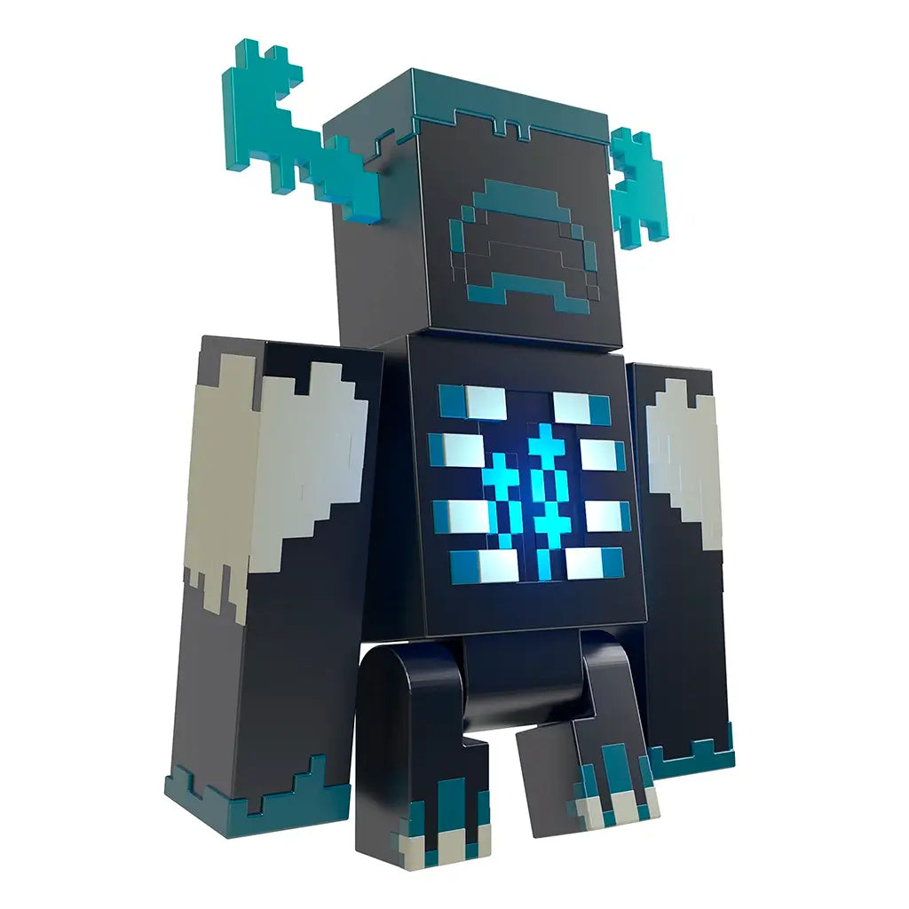 Blocky dark blue Minecraft Warden action figure with teal horns and glowing chest, standing upright with pixelated detailing on arms, legs, and torso.