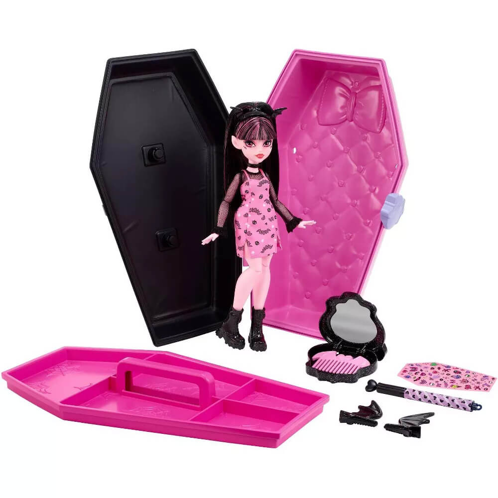 Doll and open coffin from the Monster High Draculaura Gore-ganizer Playset