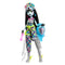 Monster High Frankie Stein doll wearing bright plaid pants, silver boots, and neon accessories, holding a blue heart-shaped bag with bold festival-themed details.