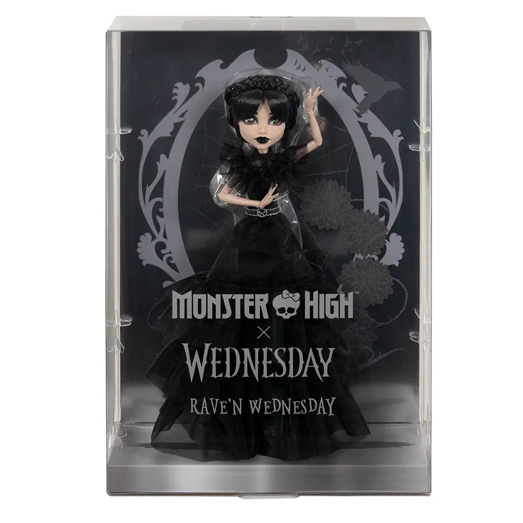 Monster High Rave N’ Wednesday fashion doll in clear display box with gothic frame graphics, wearing tiered black ruffled gown, braided hair, and silver skull belt detail.