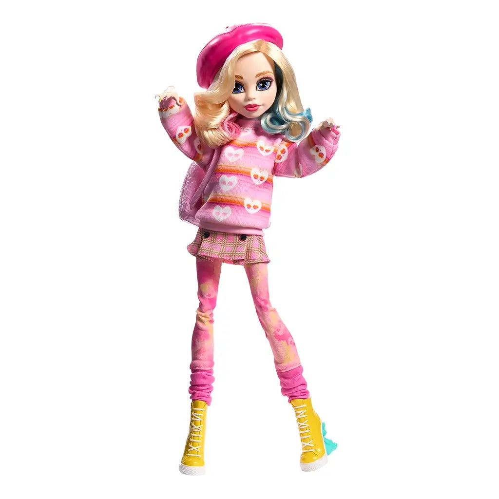 Monster High Enid Sinclair doll posed with raised arms in pink heart-pattern sweater, plaid skirt, and yellow boots, accessorized with beret and pink backpack for styling.