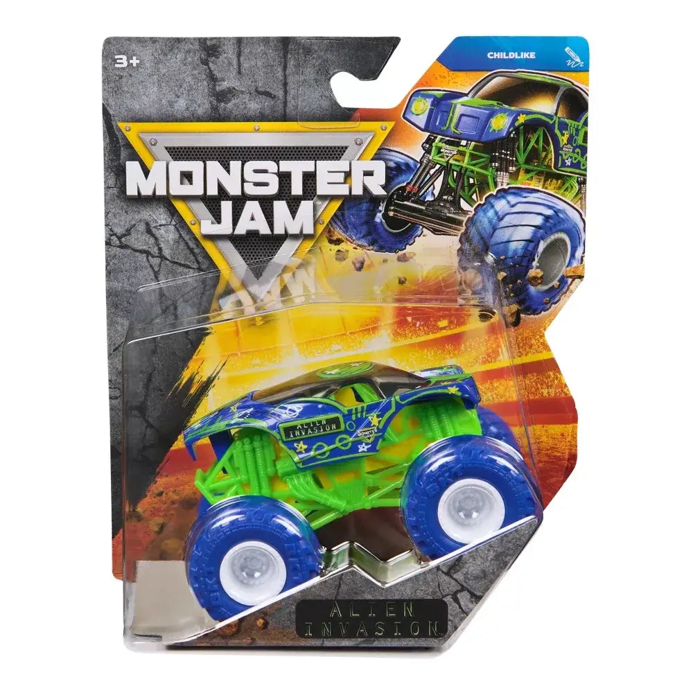 Monster Jam Alien Invasion toy truck in blue and green die-cast metal with oversized rubber tires, displayed in retail packaging with bold branding, action graphics, and rugged textured background.