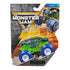 Monster Jam Alien Invasion toy truck in blue and green die-cast metal with oversized rubber tires, displayed in retail packaging with bold branding, action graphics, and rugged textured background.