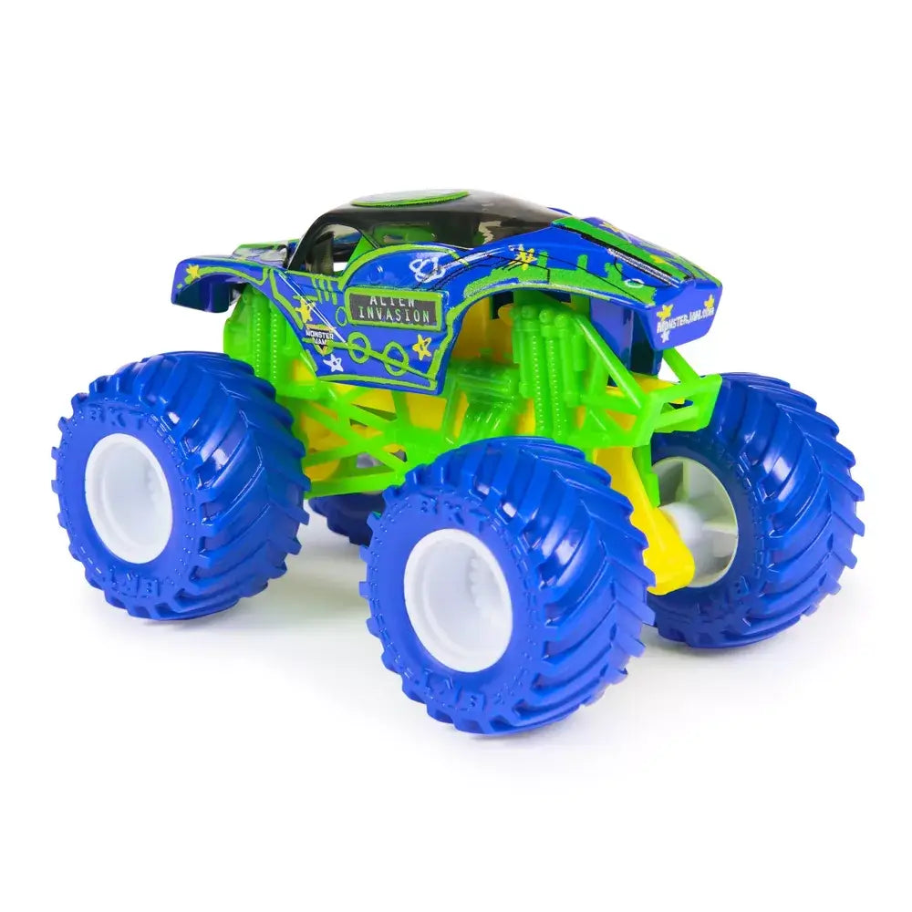 Monster Jam Alien Invasion toy truck rear angled view in blue and green metal body with alien-themed graphics, oversized rubber tires, detailed chassis and suspension, on a white background.