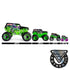 Monster Jam scale comparison showing green Grave Digger trucks in multiple sizes from large to small, with oversized rubber tires, aligned on a white background beside official authenticity logo.
