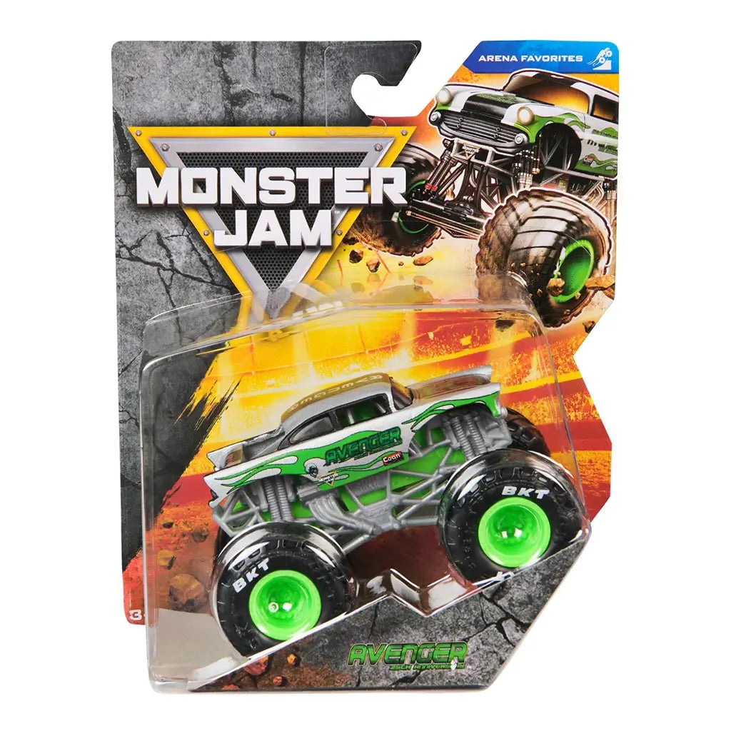 Monster Jam Avenger toy truck in green and gray die-cast metal with flame graphics and oversized black rubber tires, displayed in retail packaging with bold branding and action-themed background artwork.