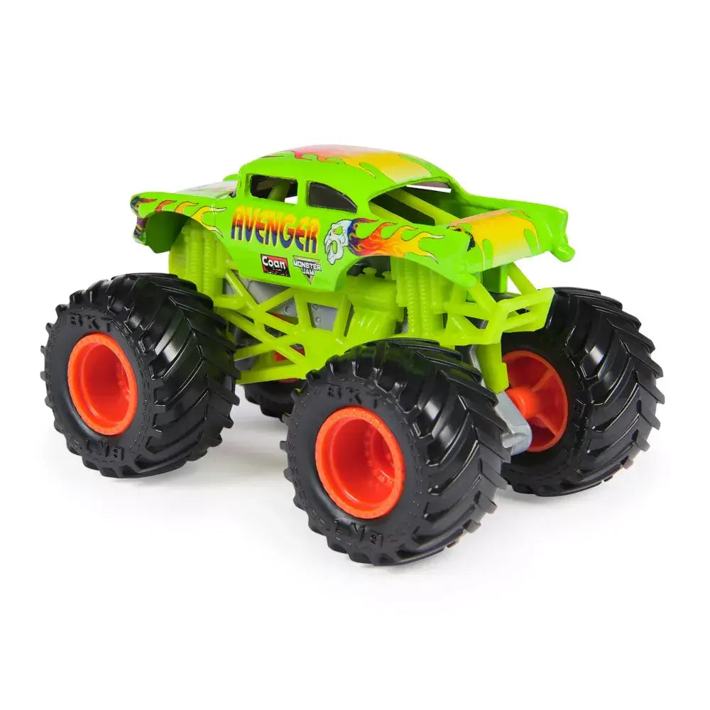 Monster Jam Avenger toy truck rear angled view in bright green metal body with flame graphics, oversized textured rubber tires with orange rims, detailed chassis and suspension, on a white background.
