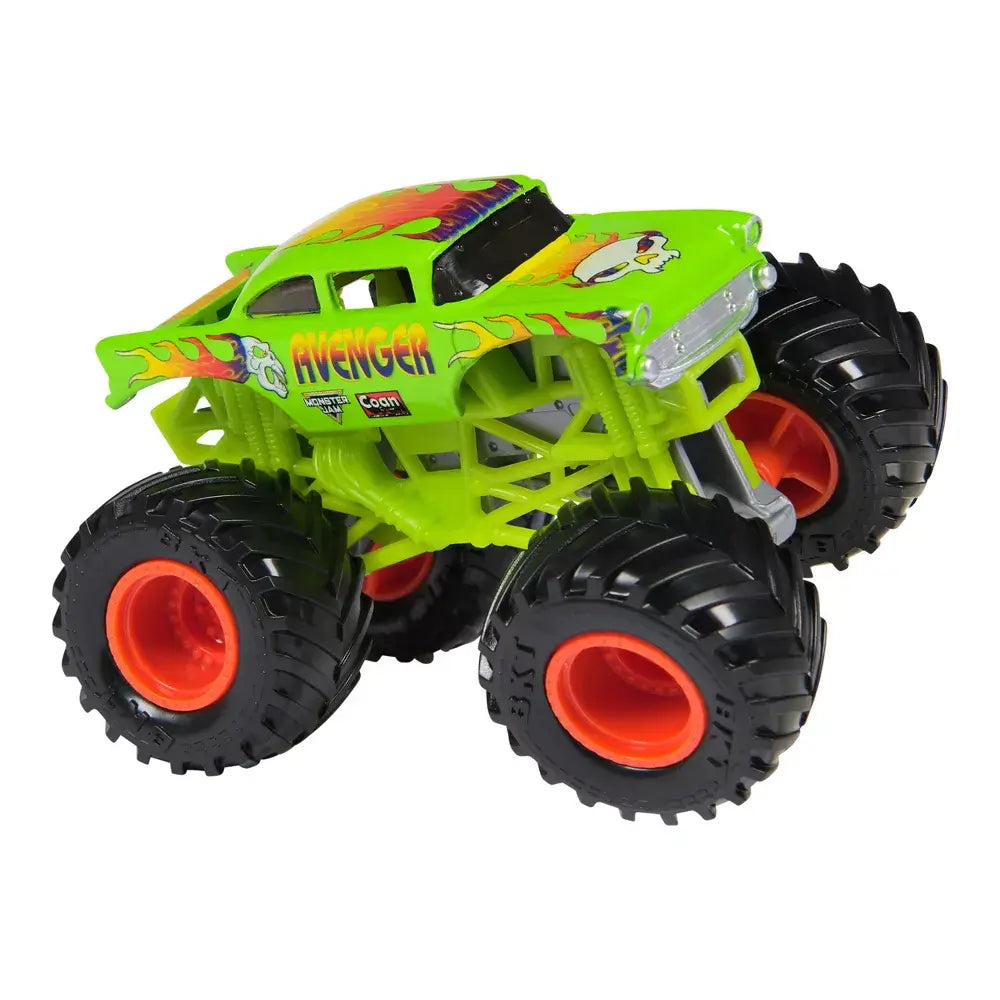 Monster Jam Avenger toy truck in bright green painted metal with flame decals, oversized black rubber tires with orange rims, detailed suspension frame, displayed on a clean white studio background.