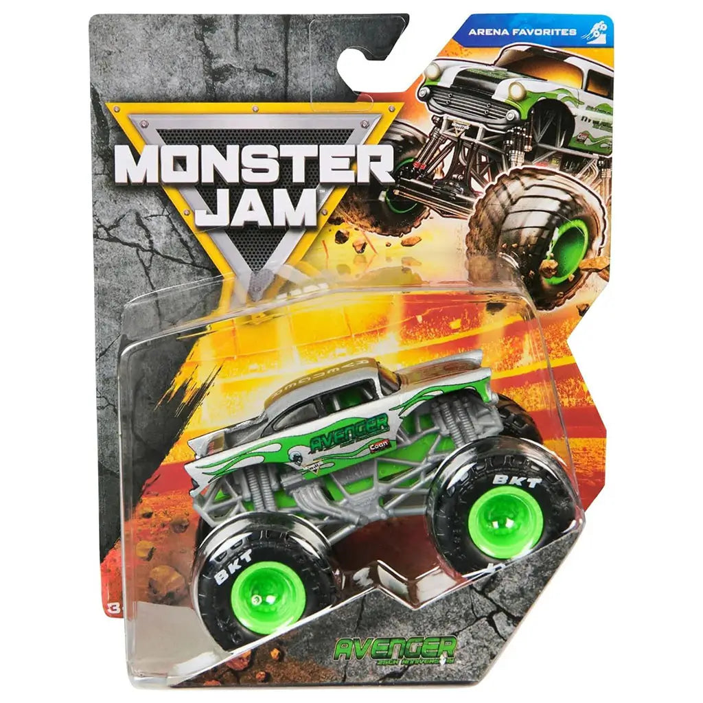 Monster Jam Avenger 25th Anniversary packaging features bold yellow, gray, and orange cardboard with cracked stone graphics, clear plastic blister, and illustrated truck artwork, presenting the 1:64 scale Avenger monster truck for retail display.