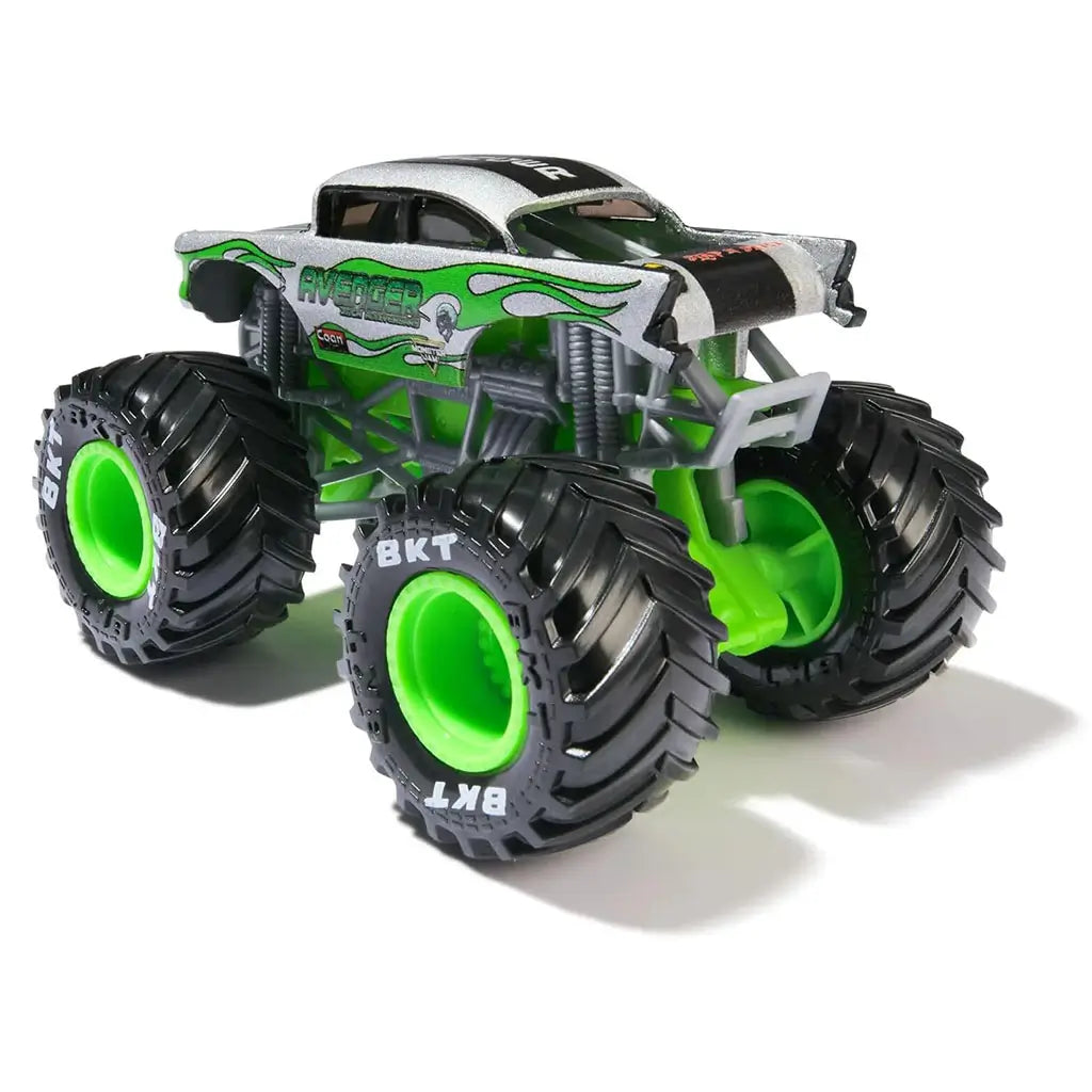 Monster Jam Avenger monster truck rear view highlights silver and green body panels, exposed suspension details, thick black BKT tires, and molded chassis structure, emphasizing durability and authentic monster truck styling in 1:64 scale.