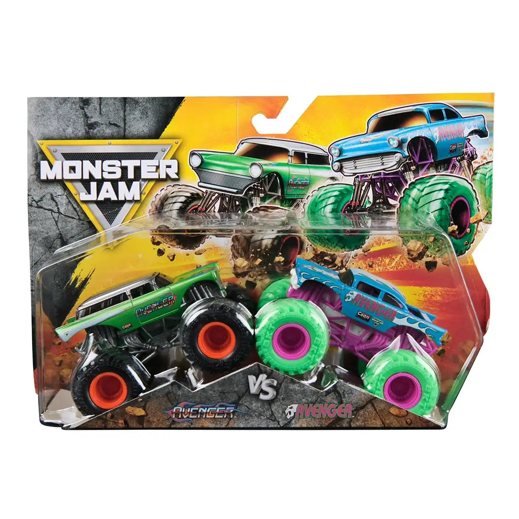 Monster Jam Avenger vs Avenger toy trucks in green and blue plastic with oversized treaded wheels packaged in a bold action themed box with dirt crash graphics and stadium style backdrop.
