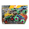 Monster Jam Avenger vs Avenger toy trucks in green and blue plastic with oversized treaded wheels packaged in a bold action themed box with dirt crash graphics and stadium style backdrop.