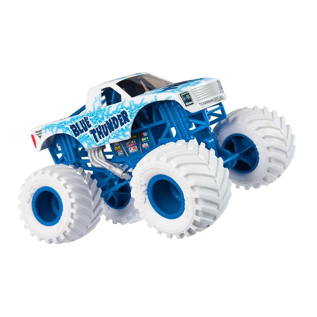 Monster Jam Blue Thunder diecast truck tilts forward, highlighting white-and-blue lightning graphics, sturdy blue suspension frame, chrome exhaust pipes, and large white tires in a dynamic studio shot.