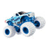 Monster Jam Blue Thunder diecast truck tilts forward, highlighting white-and-blue lightning graphics, sturdy blue suspension frame, chrome exhaust pipes, and large white tires in a dynamic studio shot.