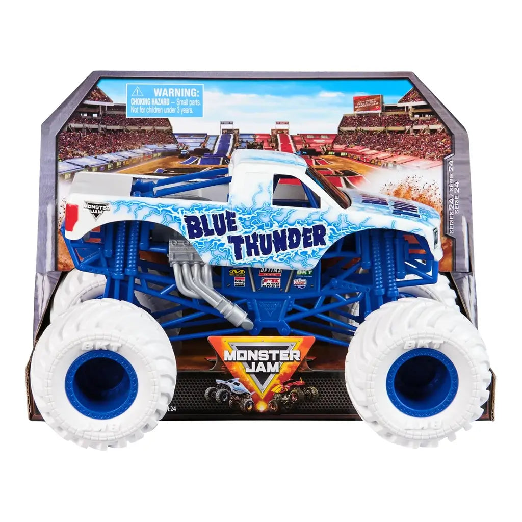 Monster Jam Blue Thunder 1:24 scale diecast truck packaging features the lightning-themed blue-and-white vehicle displayed in a stadium backdrop box showcasing official branding and oversized white BKT tires.