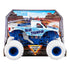 Monster Jam Blue Thunder 1:24 scale diecast truck packaging features the lightning-themed blue-and-white vehicle displayed in a stadium backdrop box showcasing official branding and oversized white BKT tires.