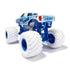 Rear angled view of the Monster Jam Blue Thunder diecast truck shows bold white tires, blue frame, and lightning graphics with “Feel the Energy” text across the tailgate on a bright white background.
