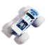 Top view of the Monster Jam Blue Thunder diecast truck reveals white roof with blue lightning, blue chassis details, and massive white tires arranged around the compact metal body in a studio setup.