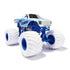 Monster Jam Blue Thunder diecast truck shows white and blue body with lightning graphics, bright blue chassis, and oversized white BKT tires, emphasizing rugged design on a clean white studio background.
