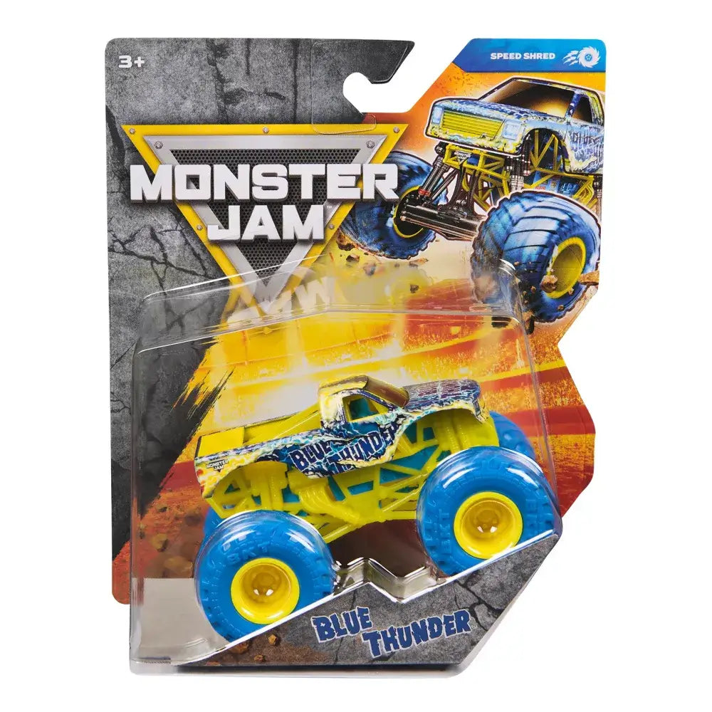 Monster Jam Blue Thunder toy truck in bright blue, yellow, and silver painted metal and plastic with lightning graphics, oversized rubber tires, and yellow rims, sealed in retail blister packaging with action artwork background.