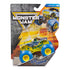 Monster Jam Blue Thunder toy truck in bright blue, yellow, and silver painted metal and plastic with lightning graphics, oversized rubber tires, and yellow rims, sealed in retail blister packaging with action artwork background.