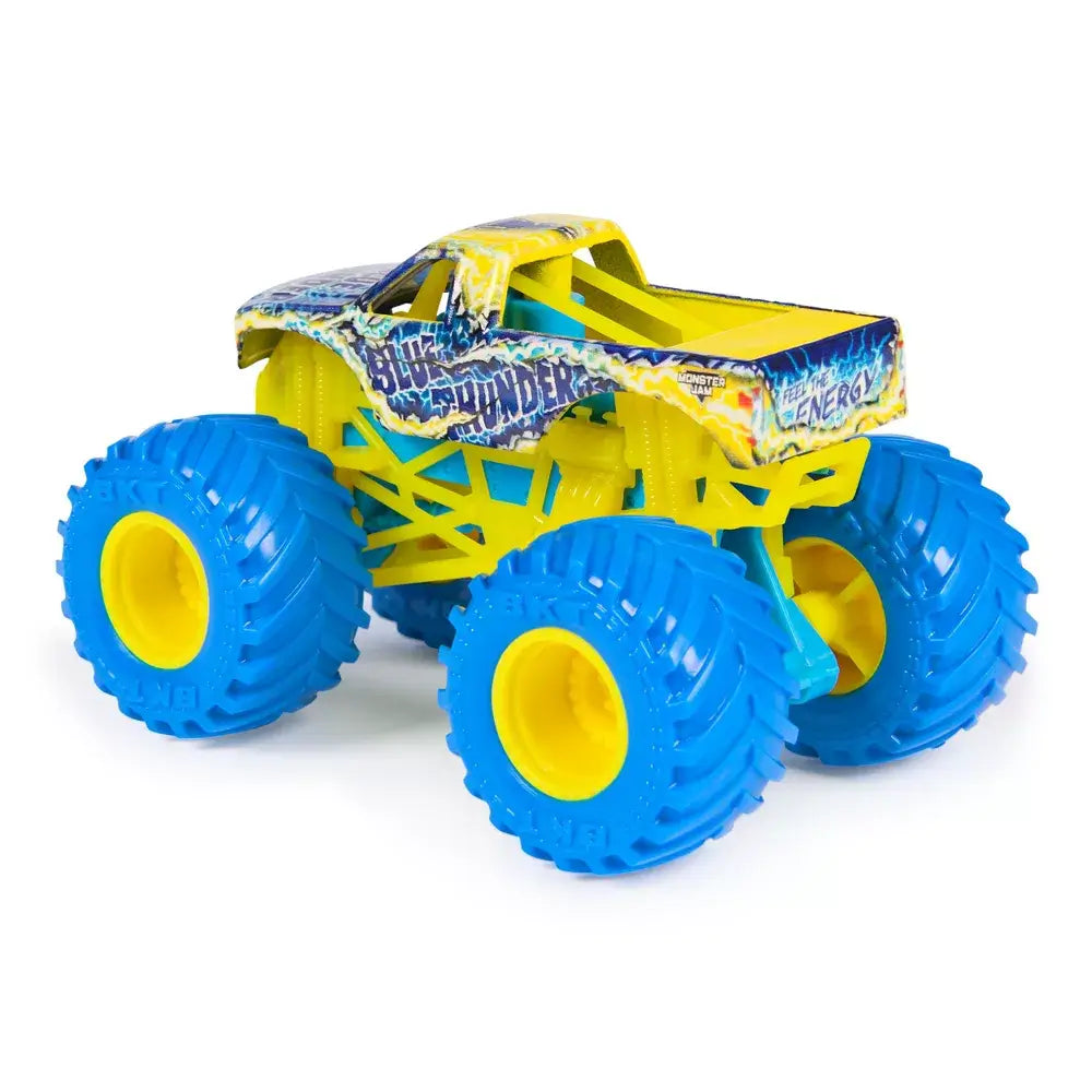 Monster Jam Blue Thunder toy truck in blue and yellow plastic and metal with lightning graphics, oversized rubber tires with deep treads, and yellow rims, shown from a rear angled perspective on a white background.