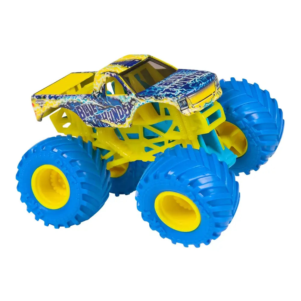 Monster Jam Blue Thunder toy truck in blue, yellow, and silver painted body with lightning graphics, oversized rubber tires with yellow rims, and lifted suspension, displayed on a clean white studio background.