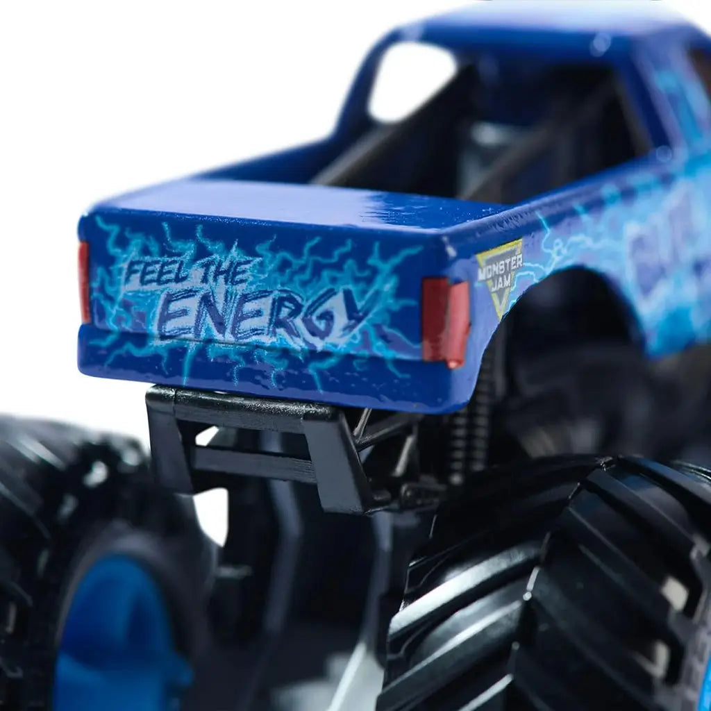 Closeup rear view of Monster Jam Blue Thunder toy truck tailgate with 'Feel the Energy' text in bold lightning style, highlighting branded details and vivid electric theme.