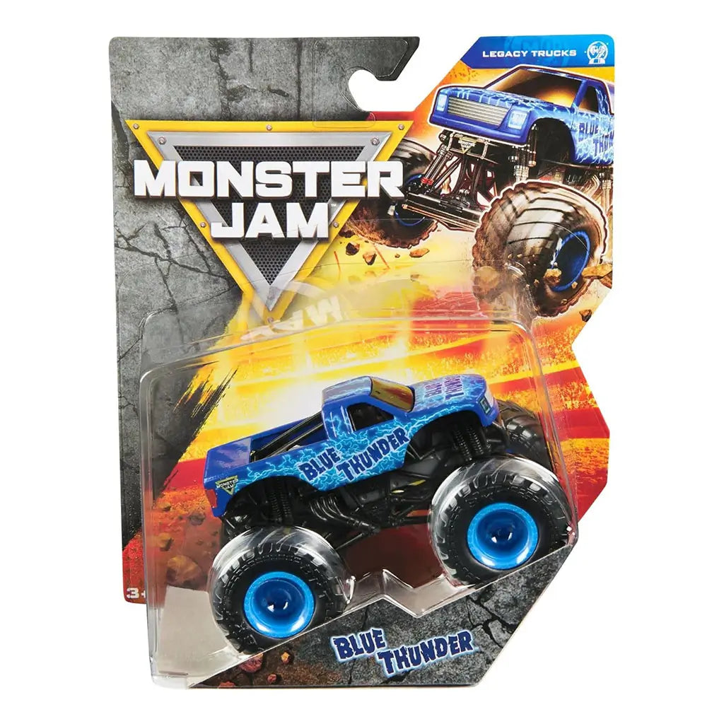 Front packaging of Monster Jam Blue Thunder toy truck with collectible box design, fiery background graphics, Monster Jam branding, and truck display featuring lightning details.