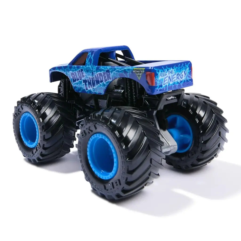 Monster Jam Blue Thunder toy truck rear angled view showing electric blue body with lightning graphics, oversized black tires, and bold blue rims built for off-road excitement.