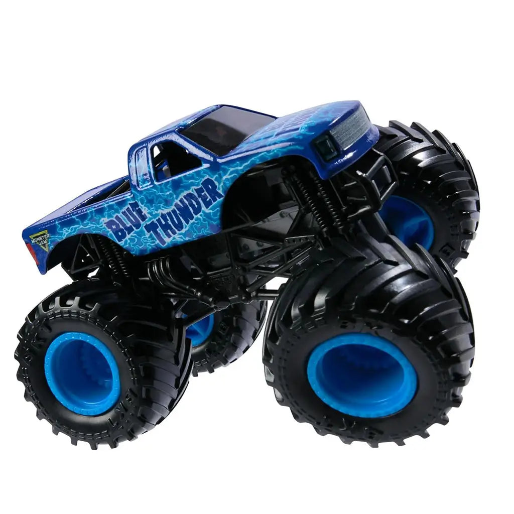 Side view of Monster Jam Blue Thunder monster truck toy with storm-like blue body, vivid lightning streaks, rugged black tires, and bright blue wheel hubs designed for collectors.