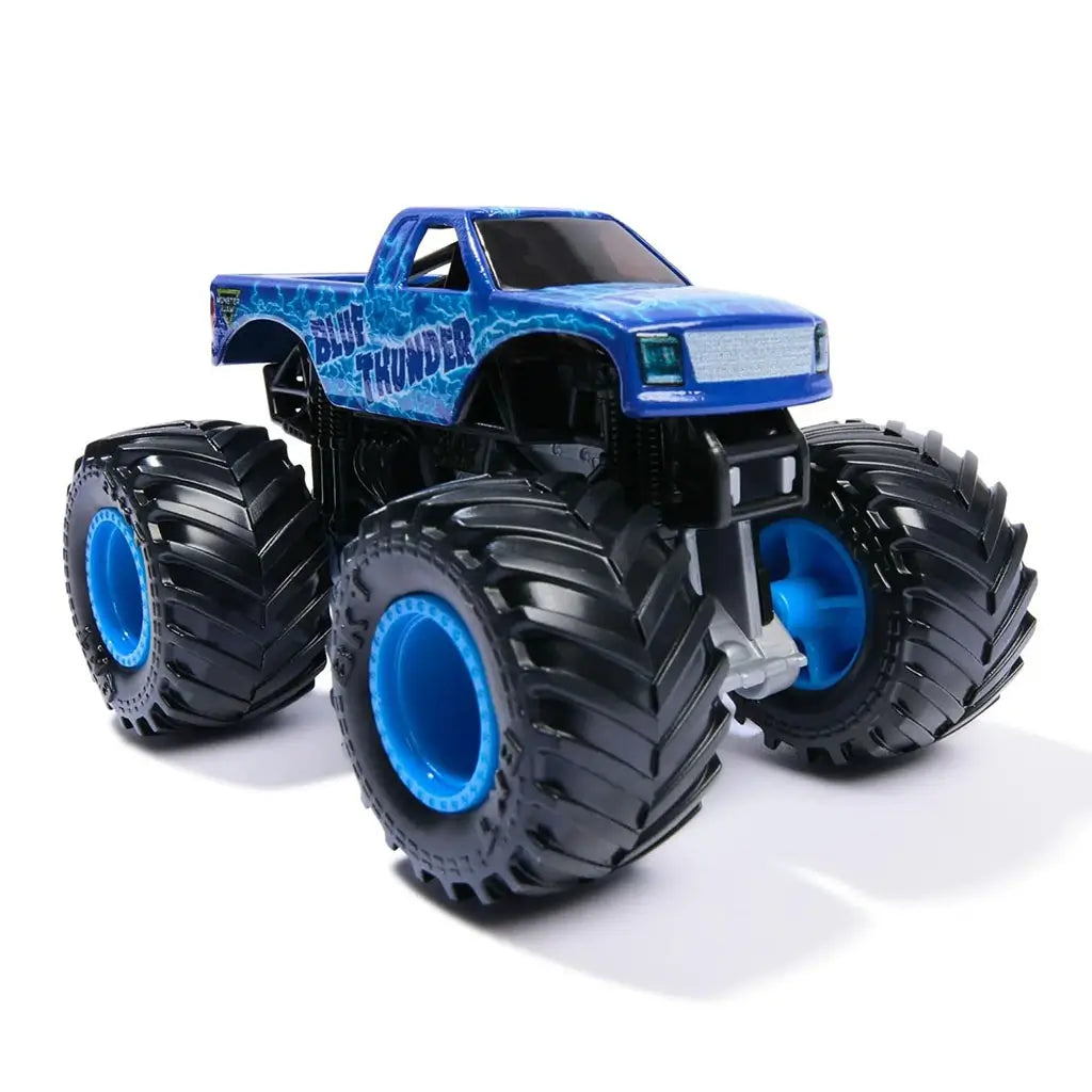 Monster Jam Blue Thunder toy truck front angled view showing oversized textured tires, bold blue rims, storm graphics, and aerodynamic body styled for racing and display play.