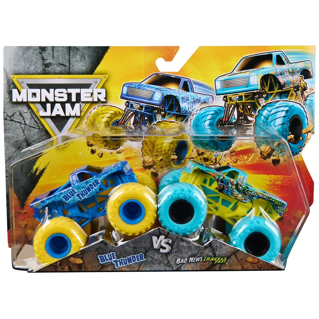 Monster Jam Blue Thunder vs Bad News Travels Fast toy trucks in blue, yellow, and teal molded plastic with chunky treaded wheels packaged in a bold action themed box with dirt crash graphics.