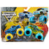 Monster Jam Blue Thunder vs Bad News Travels Fast toy trucks in blue, yellow, and teal molded plastic with chunky treaded wheels packaged in a bold action themed box with dirt crash graphics.