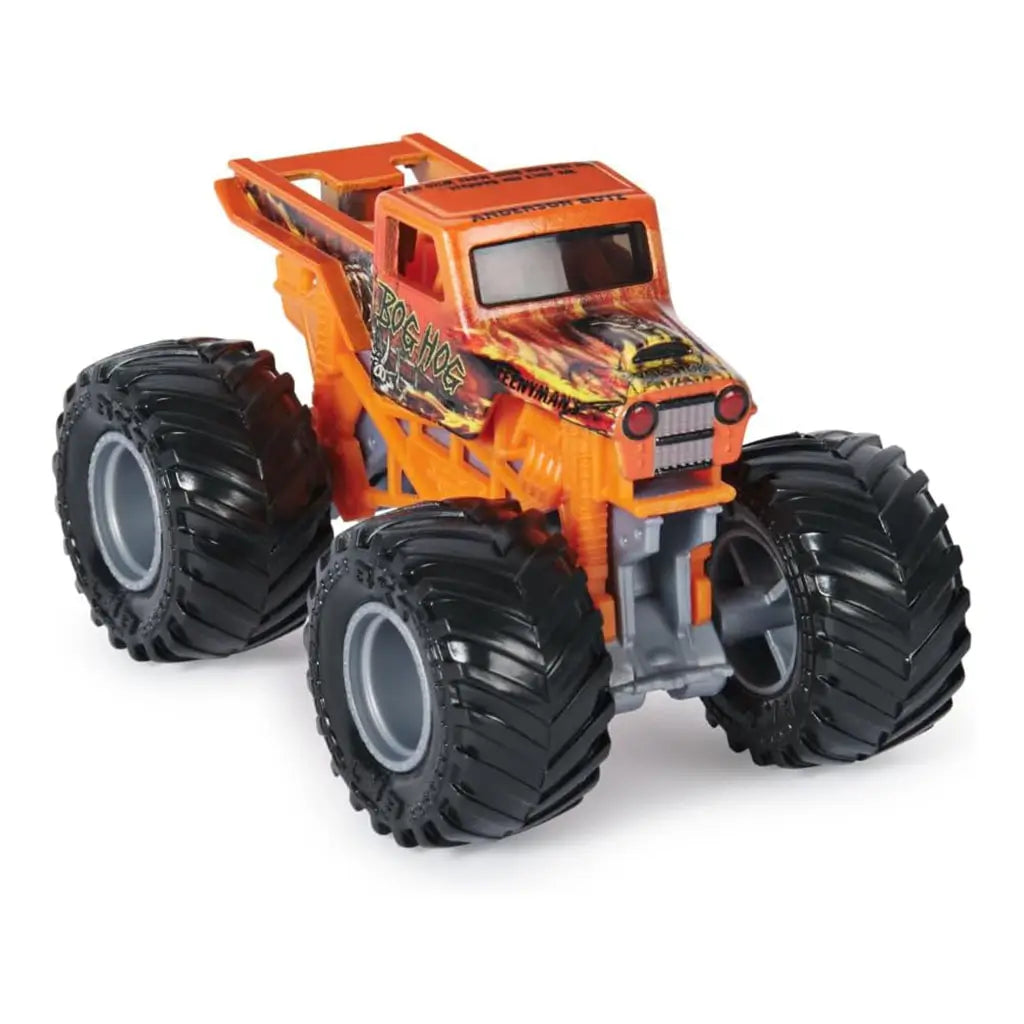 Monster Jam Bog Hog toy truck in bold orange with flame graphics, oversized black tires with gray rims, and rugged front grille, built for extreme stunt play and collection.