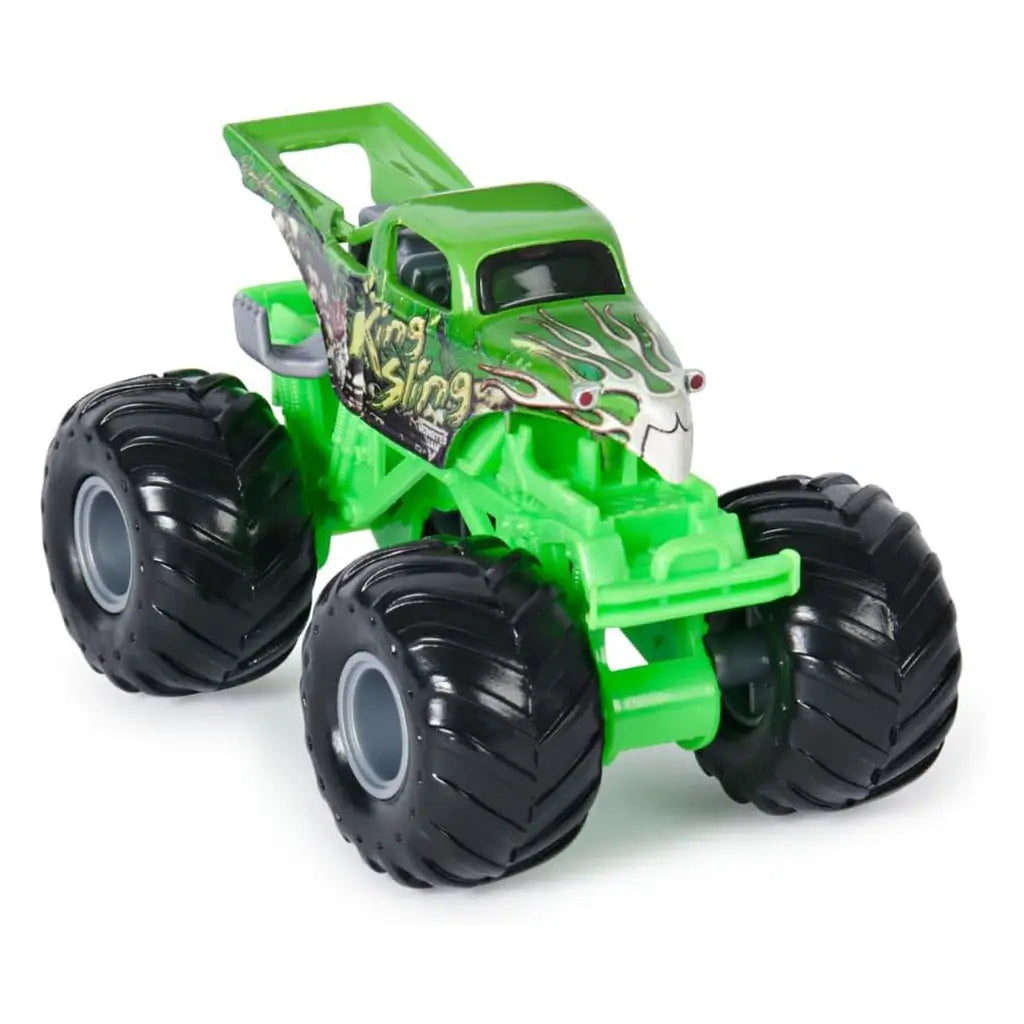 Monster Jam King Sling monster truck in bright green with silver flame detailing, huge black tires with gray hubs, and detailed body design for racing and freestyle action.