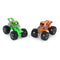 Set of two Monster Jam toy trucks, Bog Hog in orange and King Sling in green, both with oversized tires and colorful graphics, displayed side by side on a white background.